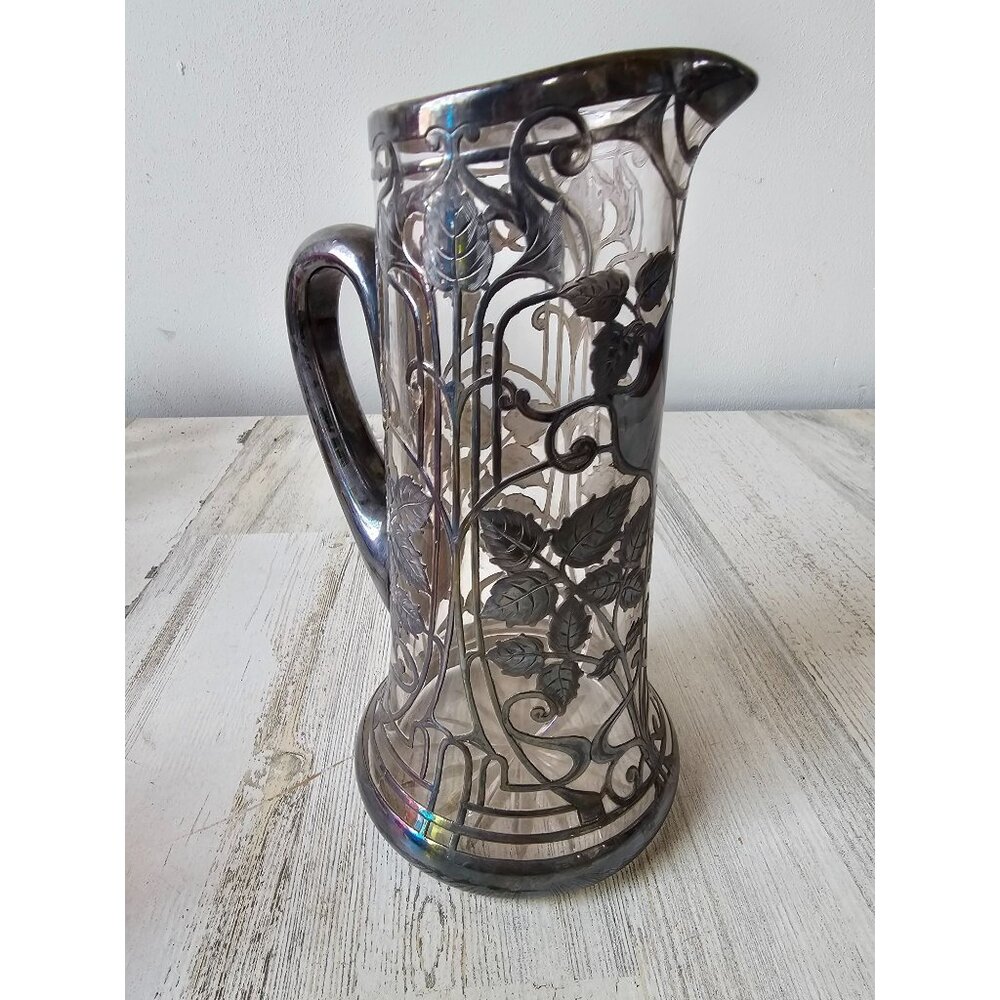 Antique art‎ nouveau silver glass jug water pitcher leaves unique filigree